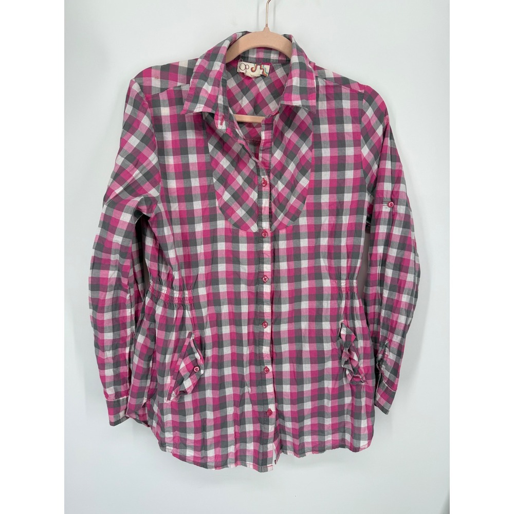 OP Ocean Pacific Button Down Shirt Womens L Pink Grey Plaid Cinched Waist Top